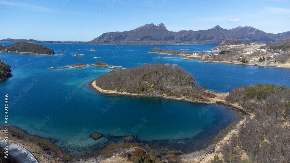 Drone shot over the islands of Storoya, Hestoya, Amnoya and Gronnoya in Nordland county, Norwa