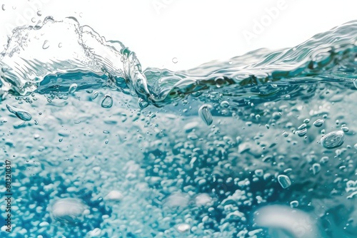 water with air bubbles underwater, splash and waves on white background 