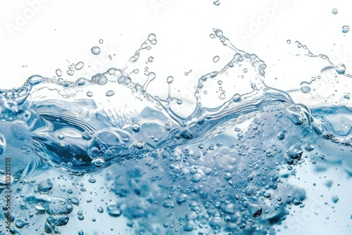 water with air bubbles underwater, splash and waves on white background 