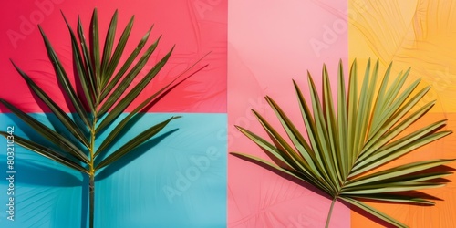 Two green palm leaves on a split complementary color background.