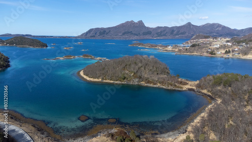 Drone shot over the islands of Storoya, Hestoya, Amnoya and Gronnoya in Nordland county, Norwa