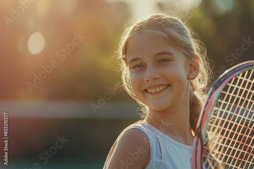 A young girl stands on a tennis court, holding a tennis racket © pham
