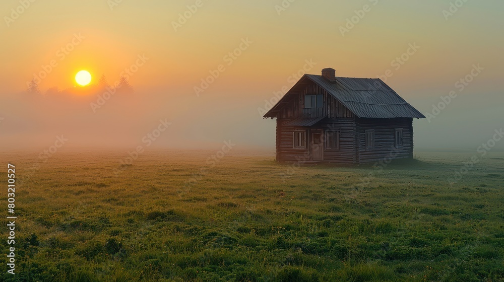 House Standing in Foggy Field