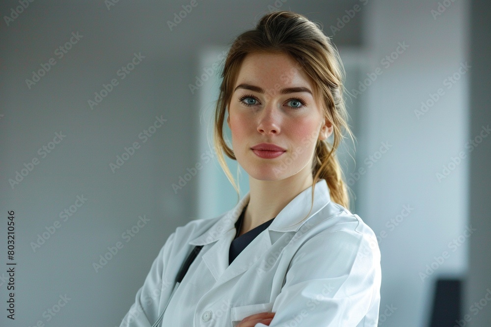close-up of a young, beautiful doctor with her arms folded close-up of a young, beautiful doctor with her arms folded
