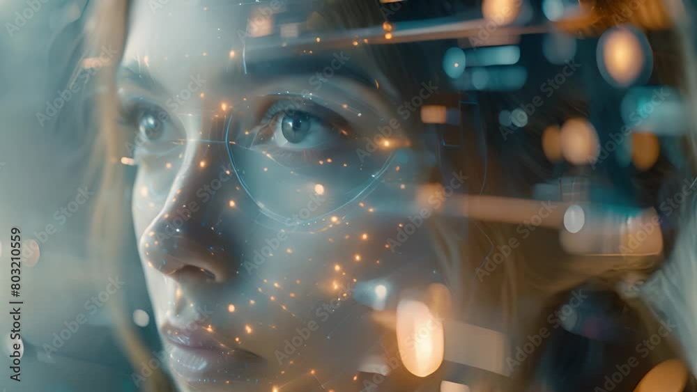 Woman gazes intently as data streams by in a technologically advanced setting. Woman gazes intently as data streams by in a technologically advanced setting.