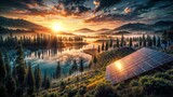 A serene sunrise over a lake with solar panels and pine trees, reflecting the fusion of natural beauty and sustainable technology.