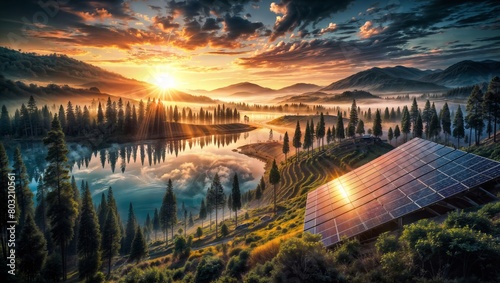 A serene sunrise over a lake with solar panels and pine trees, reflecting the fusion of natural beauty and sustainable technology. photo