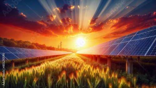 Sunset over a solar farm, panels aligned in harmony with nature, capturing the last golden rays in a tranquil field. photo