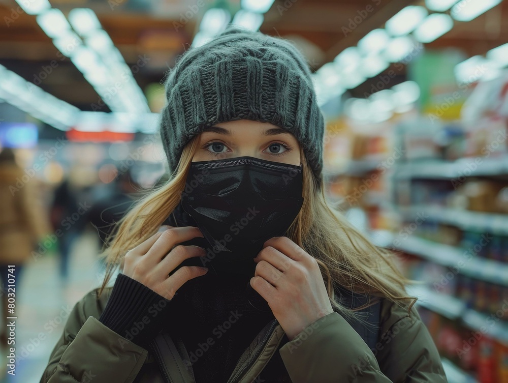 Young woman wearing a black mask in a supermarket during the coronavirus pandemic Young woman wearing a black mask in a supermarket during the coronavirus pandemic