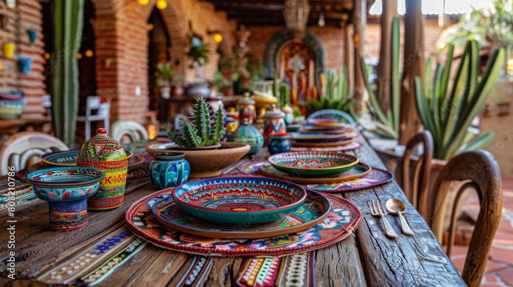 Colorful traditional pottery on a rustic wooden table in a bohemian style restaurant