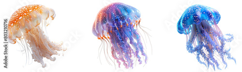Set of Colorful Jellyfish on Transparent Background