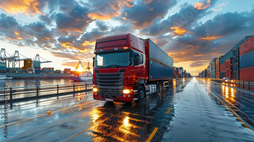 Red Semi Truck Driving on Wet Road