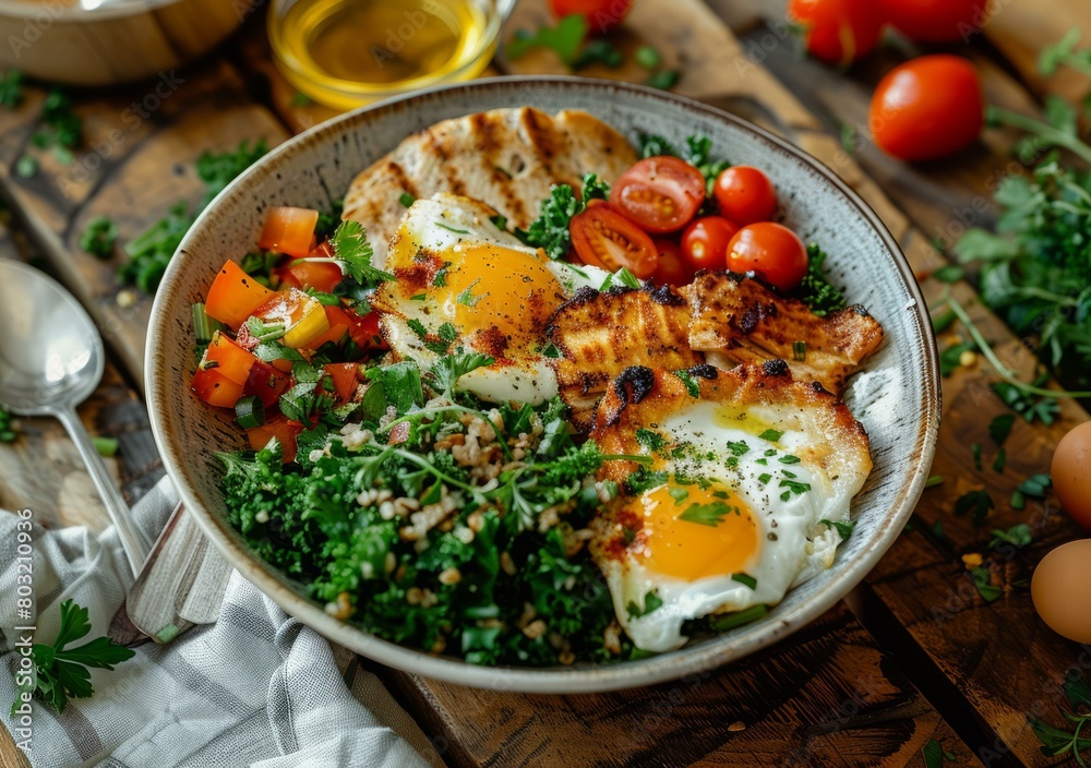 Healthy breakfast bowl with eggs, bacon, tomatoes and greens Healthy breakfast bowl with eggs, bacon, tomatoes and greens