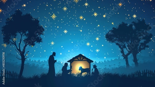 Nativity Of Jesus Christ - Comet Star And Stable - Scene With The Holy Family photo
