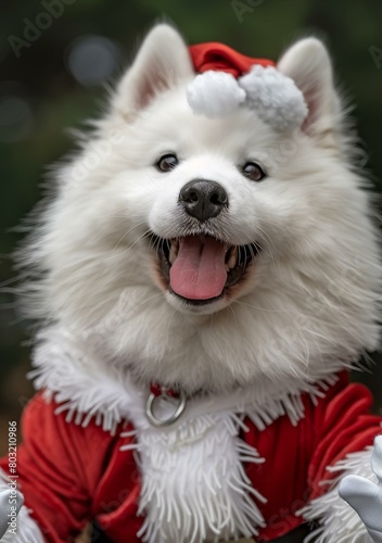 Samoyed dog wearing a Santa hat