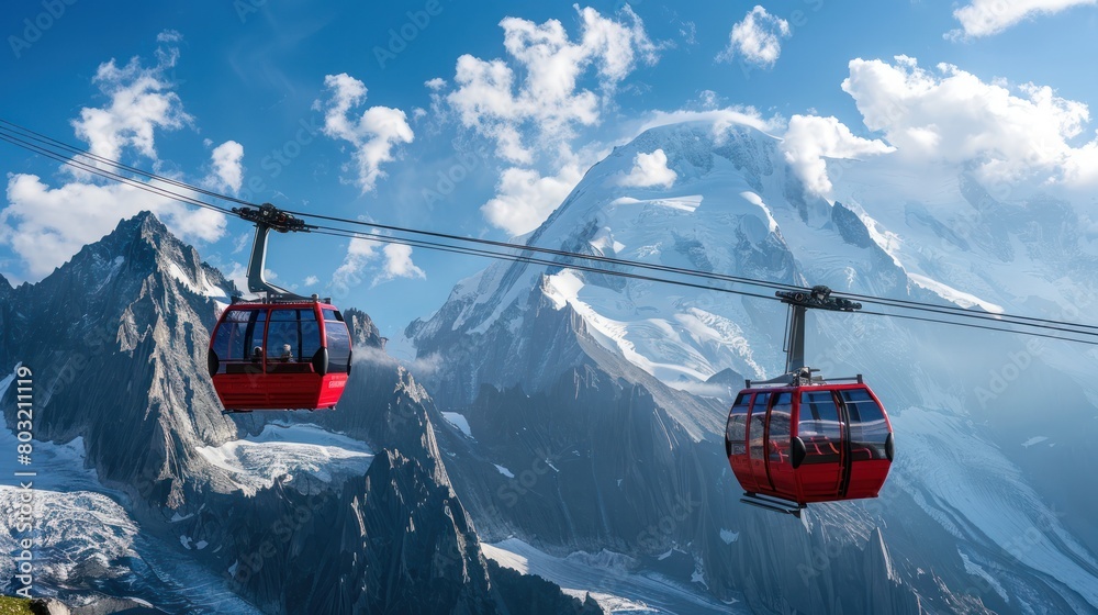Red Gondolas Above Mountain Range Red Gondolas Above Mountain Range
