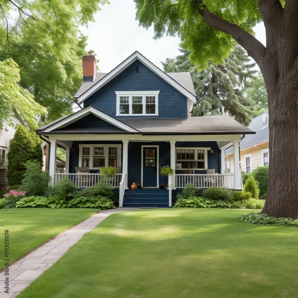Blue house surrounded by trees and green lawn