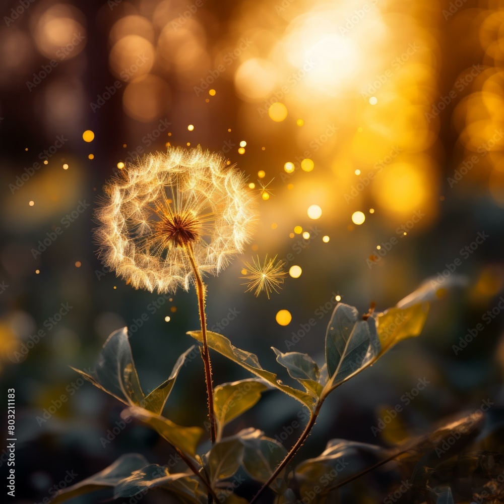 A dandelion flower with a blurred background of trees and a setting sun.