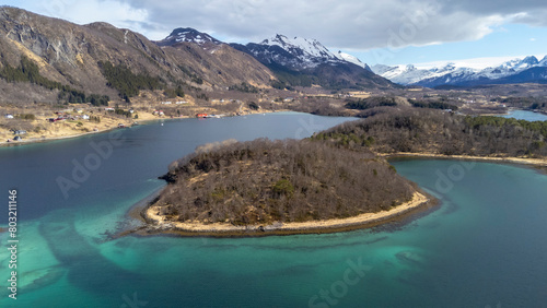 Drone shot over the islands of Storoya, Hestoya, Amnoya and Gronnoya in Nordland county, Norwa