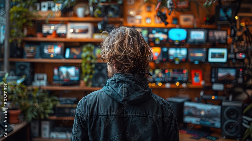 Man Standing in Front of Wall of Televisions