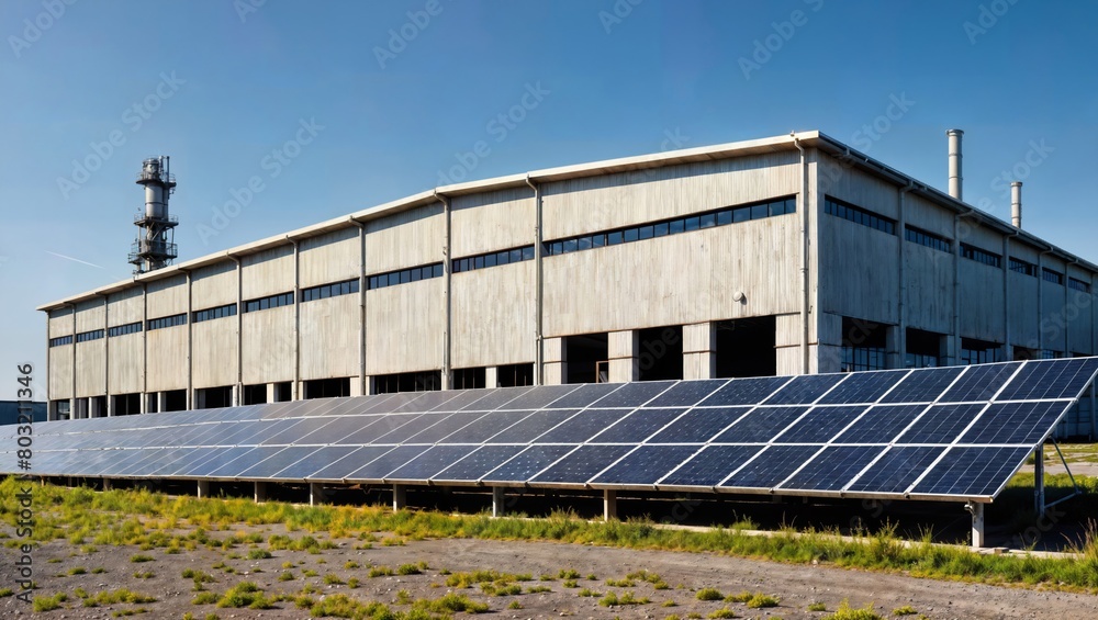 An industrial building with large solar panel arrays in front, showcasing the use of renewable energy in manufacturing or commercial settings. The blue sky and open landscape provide context. An industrial building with large solar panel arrays in front, showcasing the use of renewable energy in manufacturing or commercial settings. The blue sky and open landscape provide context.