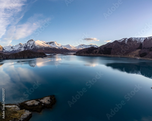 Panoramic drone view of Holandsfjord and Nordfjord in Nordland county. In the background is the Svartisen glacier  Norway s second largest glacier