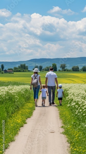 Family of four walking on a country road