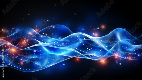 A blue wave of light with stars and sparkles on a black background. Visualization of a wave particle.