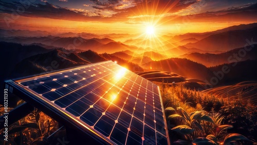 Scenic mountainscape with solar panels in foreground, dramatic sunset, warm colors, energy generation concept, renewable power in nature, sustainability.