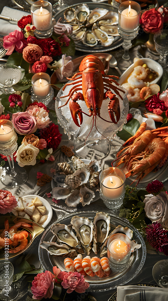 luxury seafood buffet with oysters, shrimp, lobster and crabs on ice on crystal platters