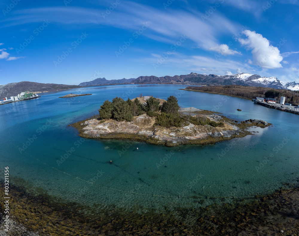 Drone shot over the islands of Storoya, Hestoya, Amnoya and Gronnoya in Nordland county, Norwa