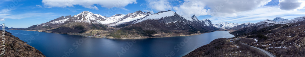 Panoramic drone view of the Bjærangfjorden in April in Nordland county, Norway