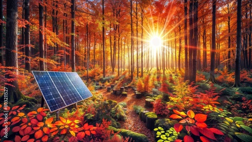 Vibrant autumn forest with sunrays and solar panel among colorful foliage, fairytale scenery, seasons' beauty, energy in woodland, imaginative concept. photo