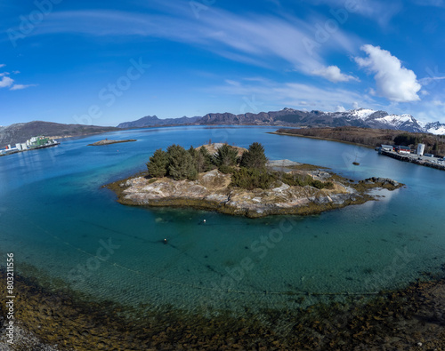 Drone shot over the islands of Storoya, Hestoya, Amnoya and Gronnoya in Nordland county, Norwa