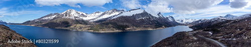 Obraz na płótnie Panoramic drone view of the Bjærangfjorden in April in Nordland county, Norway w salonie