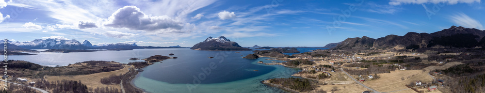 Drone shot over the islands of Storoya, Hestoya, Amnoya and Gronnoya in Nordland county, Norwa