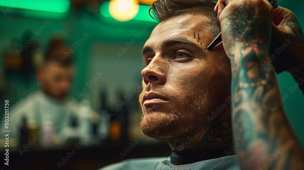 Young tattooed client sitting in the chair looking at the mirror, while the barber cuts his hair,generative ai