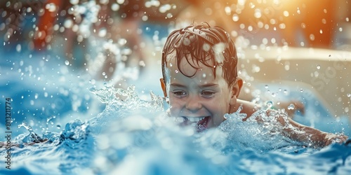 A young boy is swimming in a pool, enjoying the water on a sunny day © pham