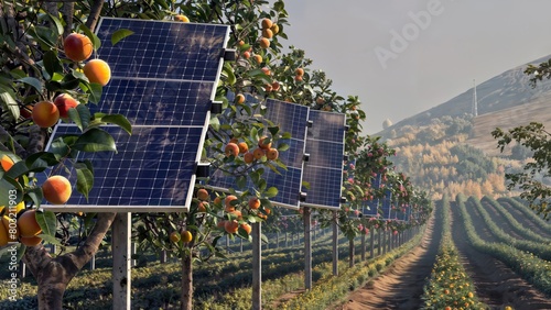Solar panels integrated into an apple orchard, highlighting sustainable energy practices in a serene agricultural setting.