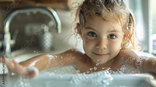 A playful young child enjoys splashing water while taking a bath  with bubbles and a bright smile.