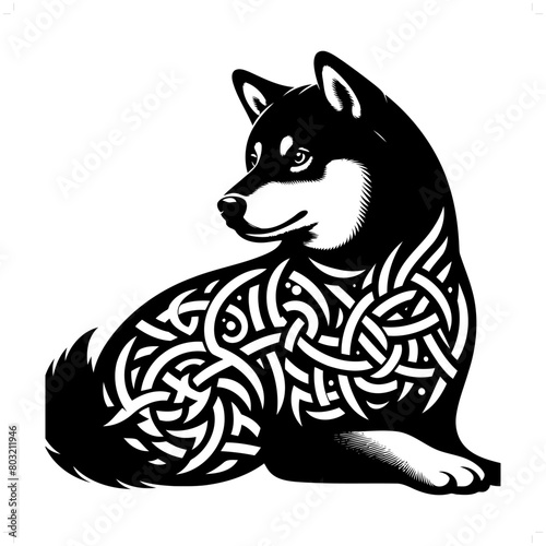 dog; shiba silhouette in animal celtic knot, irish, nordic illustration