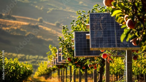 Solar panels amidst a lush apple orchard, capturing renewable energy, with a scenic mountain backdrop under the golden hour light.