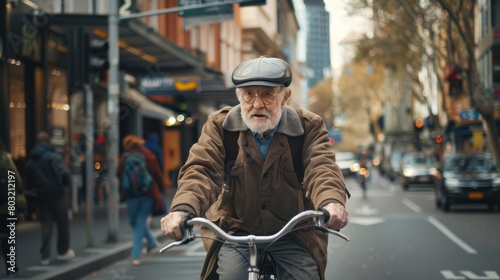 An elderly man cycling through a bustling city, embracing an active lifestyle despite his age photo