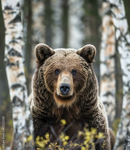 Close up portrait of a brown bear in the forest