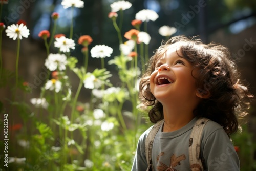 Toddler laughing in a field of flowers photo