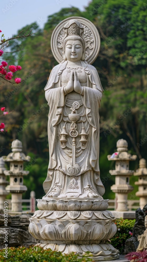 White marble statue of Avalokiteshvara, the bodhisattva of compassion, at the Lingyin Temple in Hangzhou, China White marble statue of Avalokiteshvara, the bodhisattva of compassion, at the Lingyin Temple in Hangzhou, China