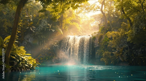 Serene tropical waterfall with lush foliage and sunlit mist  perfect for nature and travel themes