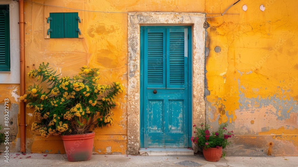 Colorful vintage doors in a quaint Mediterranean village, exemplifying rustic charm and historic textures