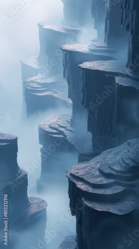 Mystical towering rock formations shrouded in mist
