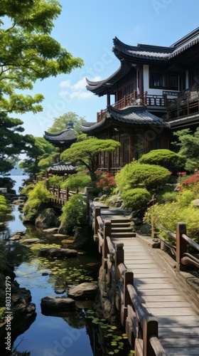 Oriental architecture, surrounded by a beautiful garden with a pond